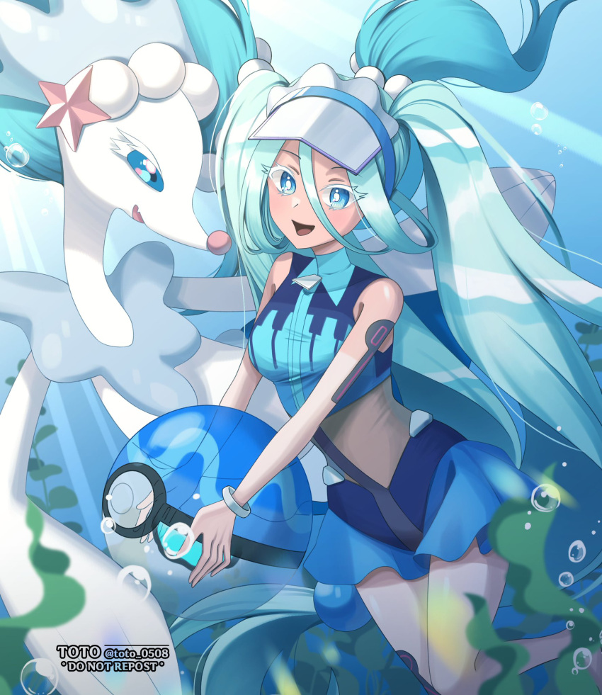 :d air_bubble ball beachball blue_eyes bracelet bright_pupils bubble colored_eyelashes commentary female green_hair hair_rings happy hatsune_miku highres holding jewelry long_hair looking_at_viewer open_mouth pokemon pokemon_(creature) ponytail primarina project_voltage smile swimsuit tongue toto05_08 twintails underwater visor_cap vocaloid water_miku_(project_voltage) watermark white_pupils zipper_pull_tab