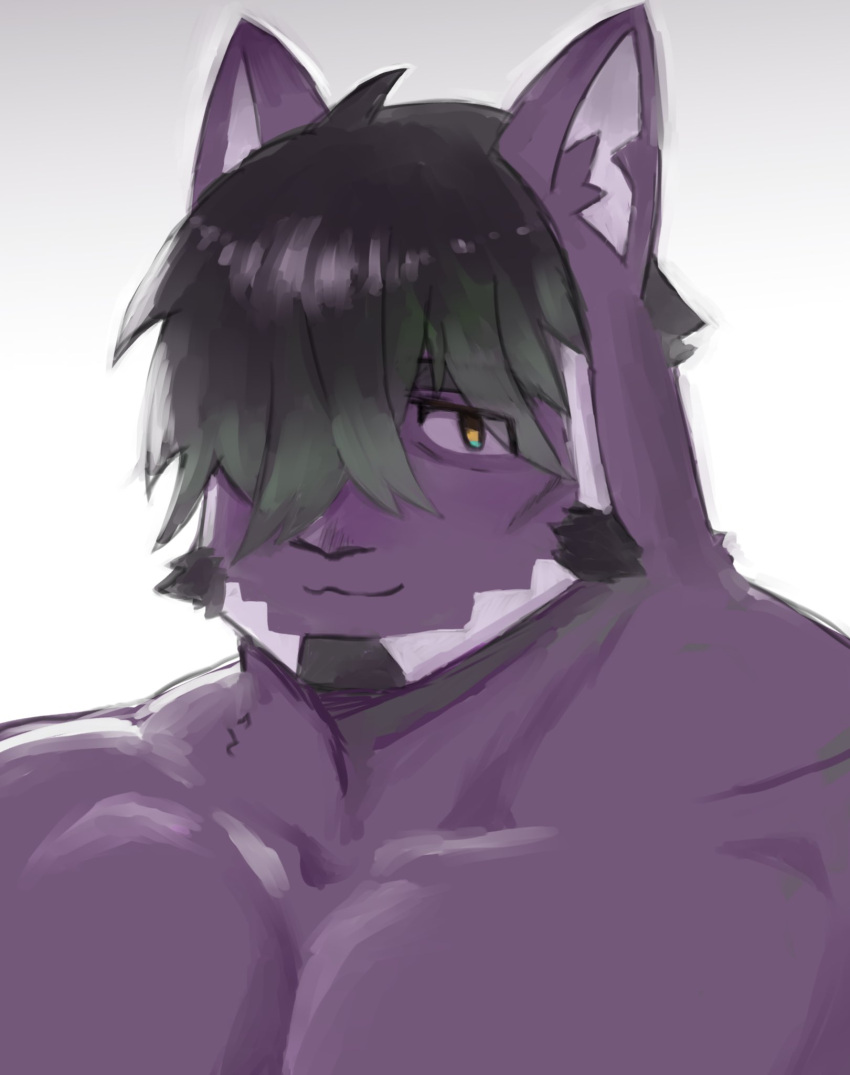 1boy animal_ears bags_under_eyes bara beard black_hair cat_boy cat_ears exhausted facial_hair furry furry_male goatee hair_over_one_eye highres kuromaih large_pectorals live_a_hero looking_at_viewer male_focus muscular muscular_male nude official_alternate_hairstyle pectorals purple_fur short_hair solo thick_eyebrows tsuneaki_(live_a_hero) two-tone_beard upper_body