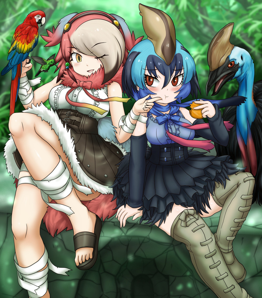 2girls :t absurdres adansosutega aqua_hair asymmetrical_hair bandaged_arm bandaged_leg bandages bird bird_tail black_hair black_skirt blonde_hair blue_hair blurry blurry_background blush boots bow bowtie breasts brown_eyes cassowary center_frills cheek_poking cheek_press commentary_request creature_and_personification day empty_eyes eyes_visible_through_hair floating_hair food frilled_shirt frilled_skirt frills fur-trimmed_skirt fur_collar fur_trim furrowed_brow gastornis_(kemono_friends) grey_hair hair_between_eyes hair_bobbles hair_ornament hair_over_one_eye hairband high-waist_skirt highres holding holding_food kemono_friends long_hair macaw multicolored_hair multiple_girls one_eye_closed outdoors parrot poking red_hair sandals scarlet_macaw shirt shirt_tucked_in side-by-side skirt sleeveless sleeveless_shirt southern_cassowary_(kemono_friends) tail thigh_boots thighhighs toes wattle wind yellow_eyes zettai_ryouiki