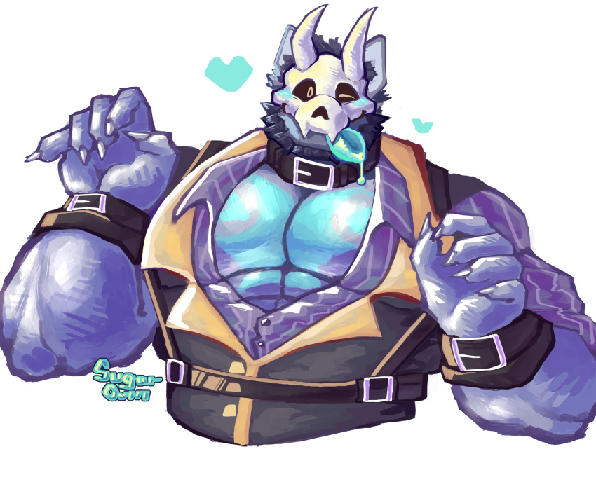 2023 abs anthro artist_name atlas_(juggermelon) beard big_pecs black_clothing black_topwear black_vest blue_markings blue_tongue canid canine canis chest_markings claws clothing collar dress_shirt facial_hair finger_claws fur harness heart_symbol hi_res himbo male mammal markings mask muscular muscular_anthro muscular_male one_eye_closed pecs pinstripe_clothing purple_body purple_fur rolled_up_sleeves shirt simple_background skull_mask solo sugarovin tongue tongue_out topwear unbuttoned_shirt vest white_background wink wolf wristband yellow_eyes