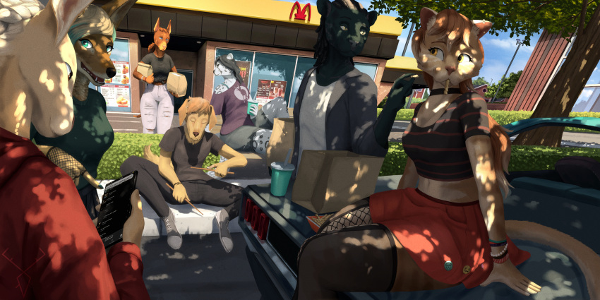 2:1 absurd_res accessory anthro axislewdsrep bea_(axislewdsrep) beverage beverage_can biped bird_dog black_body black_fur black_hair bottomwear braided_hair brown_body brown_fur brown_hair canid canine canis car choker claire_(axislewdsrep) clothed clothing colored crop_top curb cutoffs dante_(axislewdsrep) darcy_(axislewdsrep) denim denim_bottomwear denim_clothing dobermann dom_(axislewdsrep) domestic_cat domestic_dog dreadlocks drumming_stick eyelashes fast_food felid feline felis fishnet_clothing fishnet_gloves fishnet_handwear fishnet_legwear food food_in_mouth footwear fries fur gloves golden_retriever group hair hair_accessory hair_tie handwear hare hi_res highlights_(coloring) holding_food holding_object hoodie hunting_dog inner_ear_fluff jackal jacket james_(axislewdsrep) jeans jewelry lagomorph legwear leporid long_hair loose_shirt mammal midriff motor_vehicle neck_tuft necklace outside pantherine pants parking_lot percussion_mallet pinscher plant retriever sam_(axislewdsrep) shaded shirt shoes shorts sitting sitting_on_car sitting_on_vehicle snow_leopard soda spots standing street suburbs tail tan_body thigh_highs tied_hair topwear torn_bottomwear torn_clothing torn_jeans torn_pants tree trunk tuft under_shade vehicle wristband