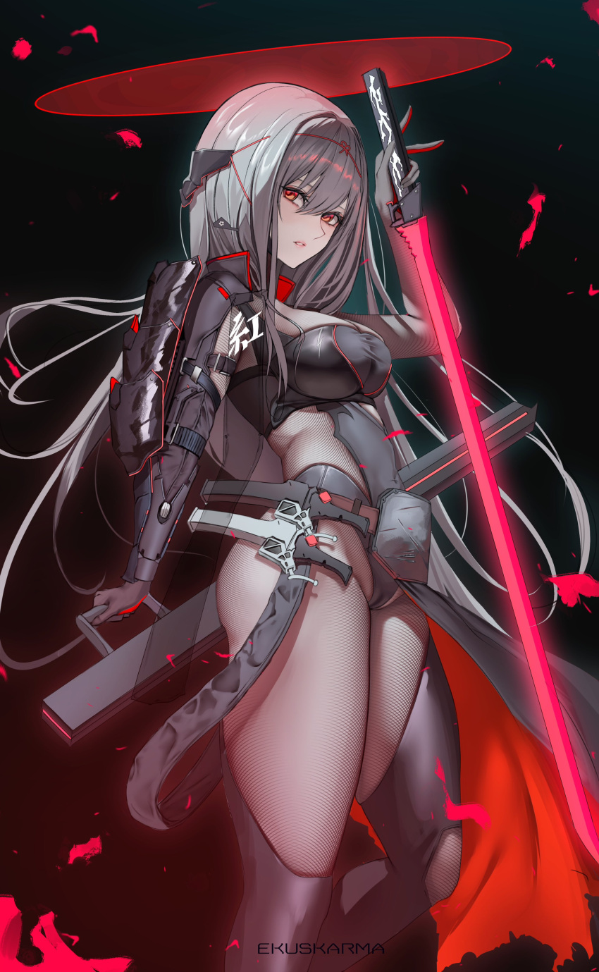 absurdres artist_name ass black_background black_leotard breasts ekuskarma energy_sword feet_out_of_frame female goddess_of_victory:_nikke grey_hair hair_between_eyes highres holding holding_lightsaber holding_sword holding_weapon large_breasts leotard light_particles lightsaber long_hair looking_at_viewer official_alternate_costume parted_lips red_eyes red_lightsaber scarlet_(black_shadow)_(nikke) scarlet_(nikke) sideless_leotard solo standing sword tactical_clothes thighs weapon