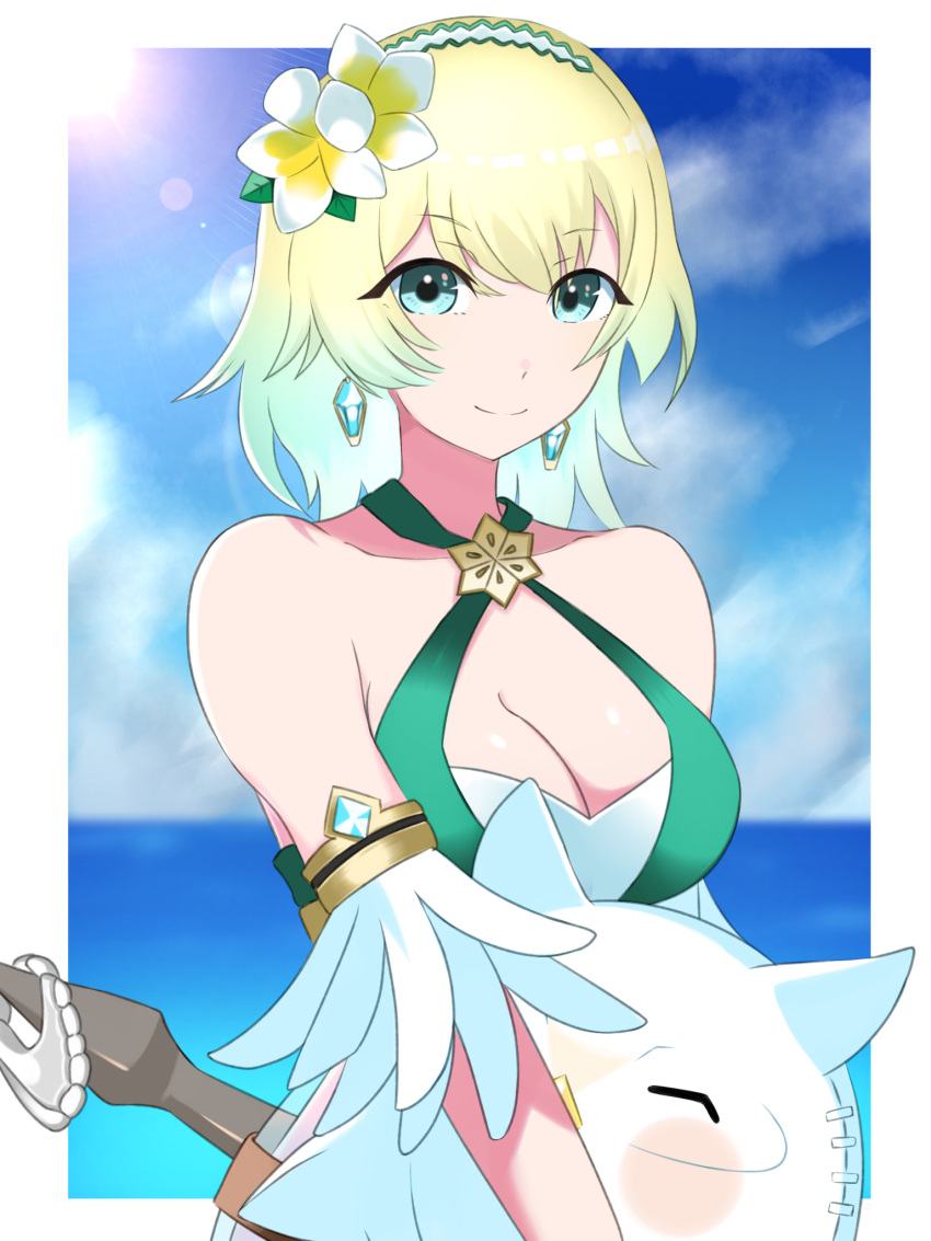 bare_shoulders bikini blonde_hair blue_eyes breasts cleavage commentary earrings female fire_emblem fire_emblem_heroes fjorm_(fire_emblem) fjorm_(summer)_(fire_emblem) flower green_bikini hair_flower hair_ornament highres jewelry looking_at_viewer medium_breasts official_alternate_costume ondur short_hair smile solo swimsuit upper_body