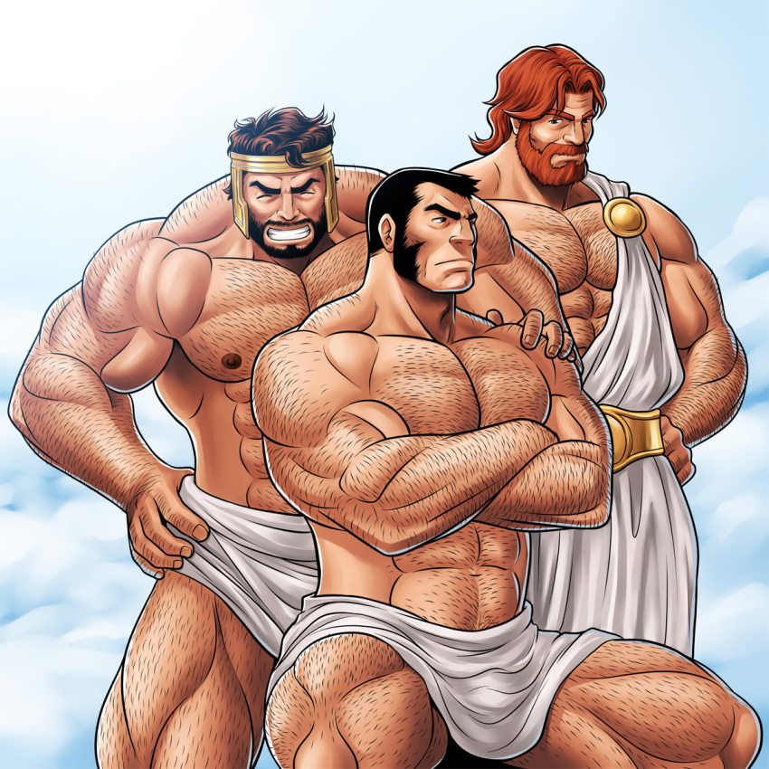 3boys abs ancient_greek_clothes arm_hair back_hair bara bulge character_request chest_hair crossed_arms greco-roman_clothes hairy hand_hair hand_on_another's_shoulder hercules_(marvel) highres knuckle_hair large_pectorals leg_hair male_focus marvel mature_male multiple_boys muscular muscular_male mutton_chops navel navel_hair nipples pectorals short_hair sideburns standing stomach strongman_waist thick_eyebrows thick_thighs thighs topless_male zelo-lee