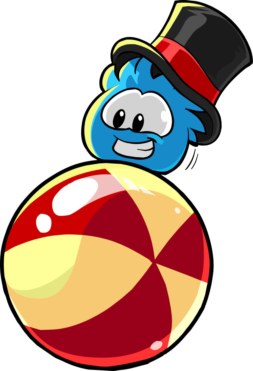 absurd_res alpha_channel ambiguous_gender ball beach_ball black_clothing black_headwear blue_body clothing club_penguin full-length_portrait hat headgear headwear hi_res inflatable not_furry official_art on_ball portrait puffle solo toony top_hat unknown_artist