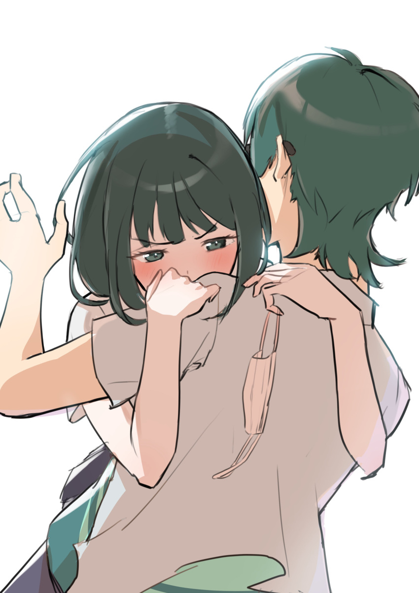 1boy absurdres black_hair blue_eyes blush couple covered_mouth female glasses green_hair gridman_universe gridman_universe_(film) hassu highres holding holding_mask hug long_hair mask mouth_mask school_uniform shirt short_hair simple_background skirt straight surgical_mask tappy_okamura unworn_mask utsumi_shou white_shirt