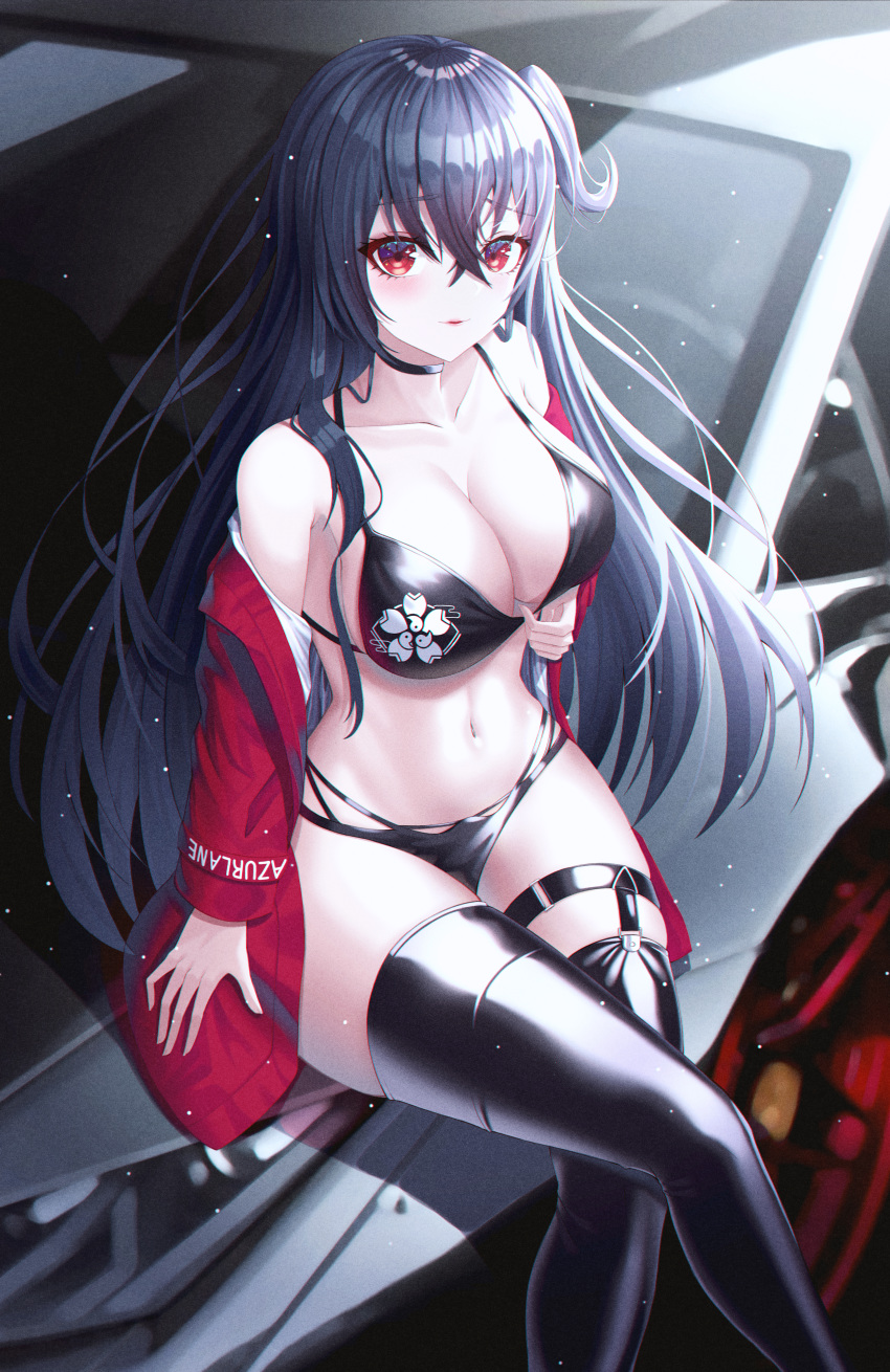 absurdres azur_lane bikini black_bikini black_choker black_hair black_thighhighs breasts choker cleavage commentary crossed_bangs female highleg highleg_bikini highres jacket large_breasts long_hair multi-strapped_bikini_bottom off_shoulder official_alternate_costume photoshop_(medium) race_queen red_eyes red_jacket ryon_y0421 sakura_empire_(emblem) skindentation solo swimsuit taihou_(azur_lane) taihou_(enraptured_companion)_(azur_lane) thigh_strap thighhighs