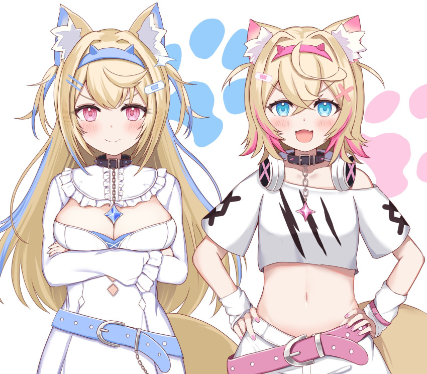 2girls animal_ear_fluff animal_ears arms_under_breasts bandaid bandaid_hair_ornament belt blonde_hair blue_belt blue_eyes blue_hair blue_nails blush breasts cleavage cleavage_cutout clothing_cutout collar cropped_shirt dog_ears dog_girl dog_tail dress frilled_shorts frills fuwawa_abyssgard fuwawa_abyssgard_(1st_costume) hair_ornament hairpin hands_on_own_hips highres hololive hololive_english long_hair looking_at_viewer medium_breasts medium_hair mococo_abyssgard mococo_abyssgard_(1st_costume) multicolored_hair multiple_girls nail_polish navel pink_belt pink_eyes pink_hair pink_nails sabamiso_(tomomon021831) shirt shorts siblings sisters small_breasts smile spiked_collar spikes streaked_hair tail twins two_side_up virtual_youtuber white_dress white_shirt white_shorts x_hair_ornament