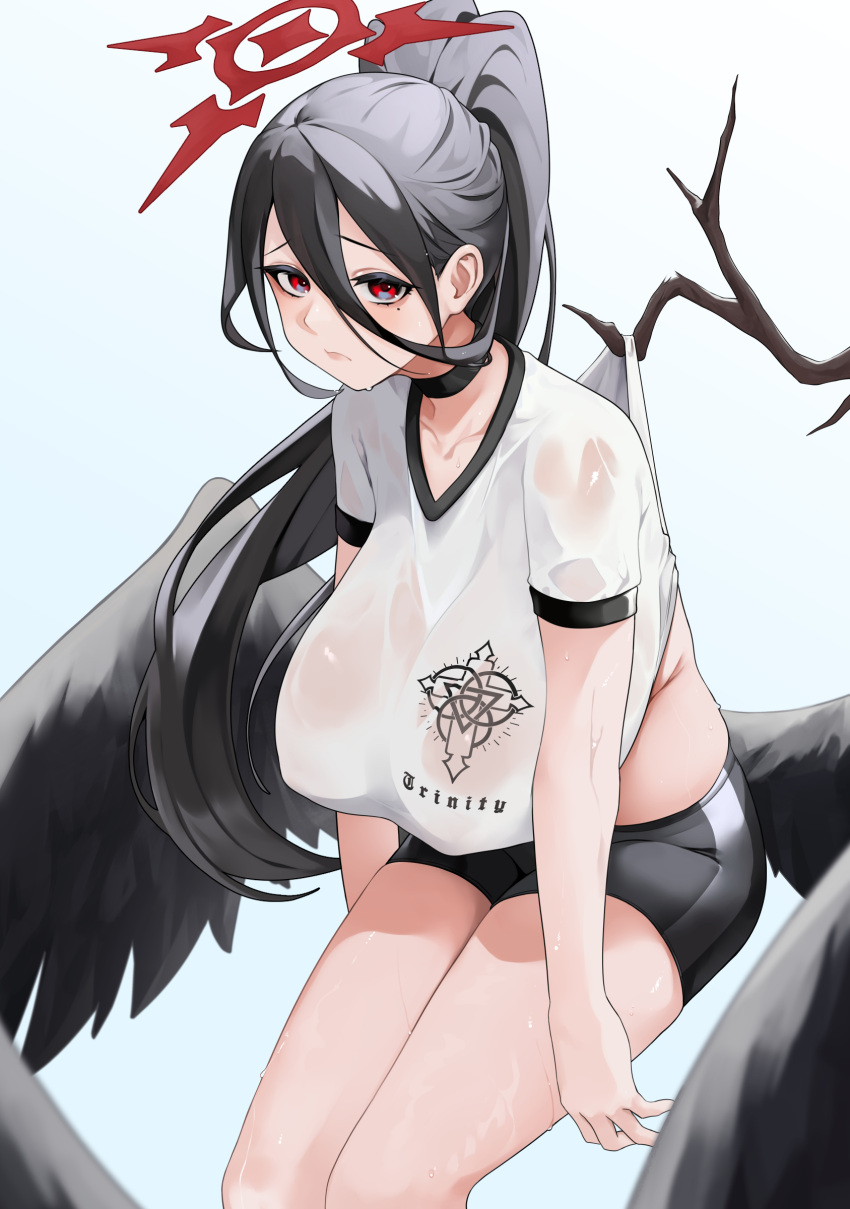 absurdres black_hair black_shorts black_wings blue_archive blush branch breasts choker collarbone feathered_wings female gym_uniform hair_between_eyes halo hasumi_(blue_archive) hasumi_(track)_(blue_archive) high_ponytail highres huge_breasts large_breasts long_hair looking_at_viewer mole mole_under_eye noir_(4chan) official_alternate_costume red_eyes shirt short_shorts short_sleeves shorts solo sweaty_clothes thighs very_long_hair white_shirt wings