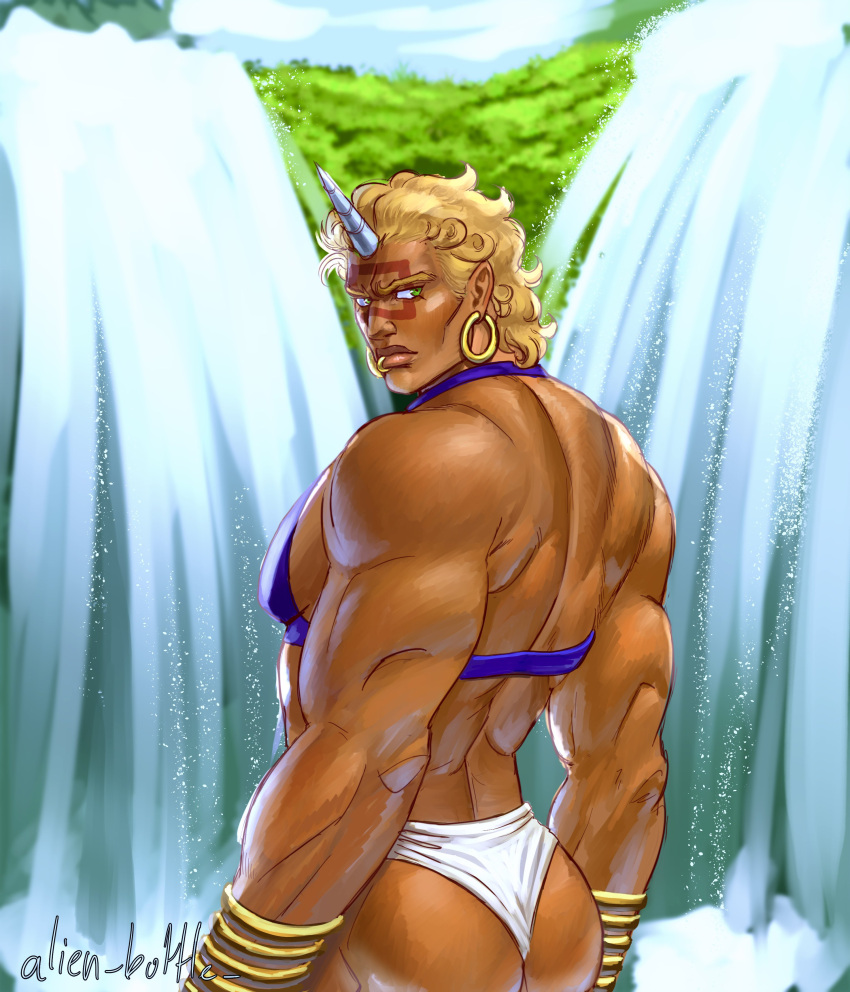 1boy absurdres ass bara battle_tendency blonde_hair dark-skinned_male dark_skin demonicboimike earrings expressionless from_behind highres hoop_earrings horns jewelry jojo_no_kimyou_na_bouken large_pectorals loincloth looking_at_viewer male_focus muscular muscular_male pectorals river sidepec single_horn solo tattoo thick_eyebrows thick_lips wamuu