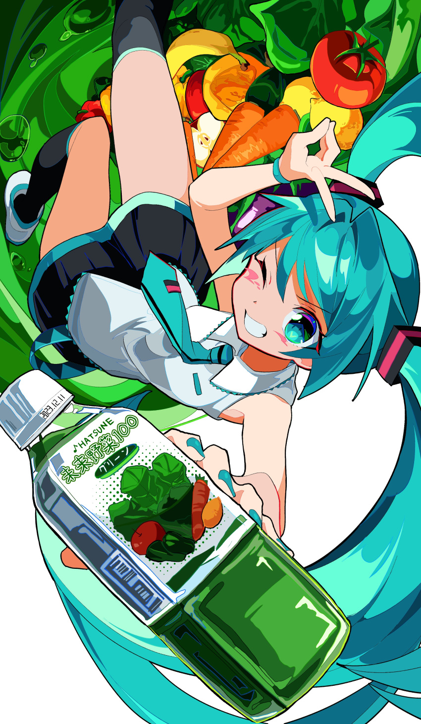 absurdres apple aqua_eyes aqua_hair aqua_nails aqua_necktie aqua_wristband banana bare_arms black_skirt black_socks bottle carrot commentary drink female floating_hair food foreshortening fruit giving grey_shirt grin hair_ornament hatsune_miku highres holding holding_bottle holding_drink kasaki_sakura kneehighs lemon long_hair looking_at_viewer miniskirt nail_polish necktie one_eye_closed outstretched_arm pleated_skirt poppippoo_(vocaloid) shirt skirt sleeveless sleeveless_shirt smile socks solo tomato translated twintails v vegetable vegetable_juice very_long_hair vocaloid waves white_background wristband