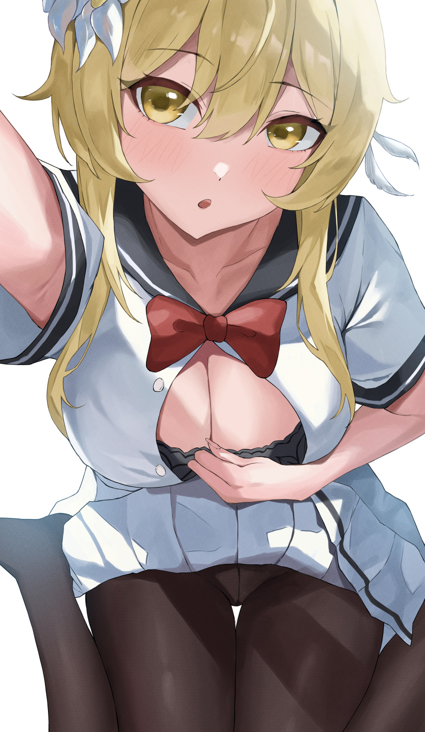 :o absurdres arm_up armpit_peek black_bra black_pantyhose blonde_hair blush bow bowtie bra breasts cleavage commentary_request female genshin_impact head_tilt higashiwun_izumi highres large_breasts looking_at_viewer lumine_(genshin_impact) open_mouth pantyhose pleated_skirt red_bow red_bowtie school_uniform selfie serafuku simple_background sitting skirt skirt_flip solo thigh_gap underwear up_sleeve wariza white_background white_serafuku