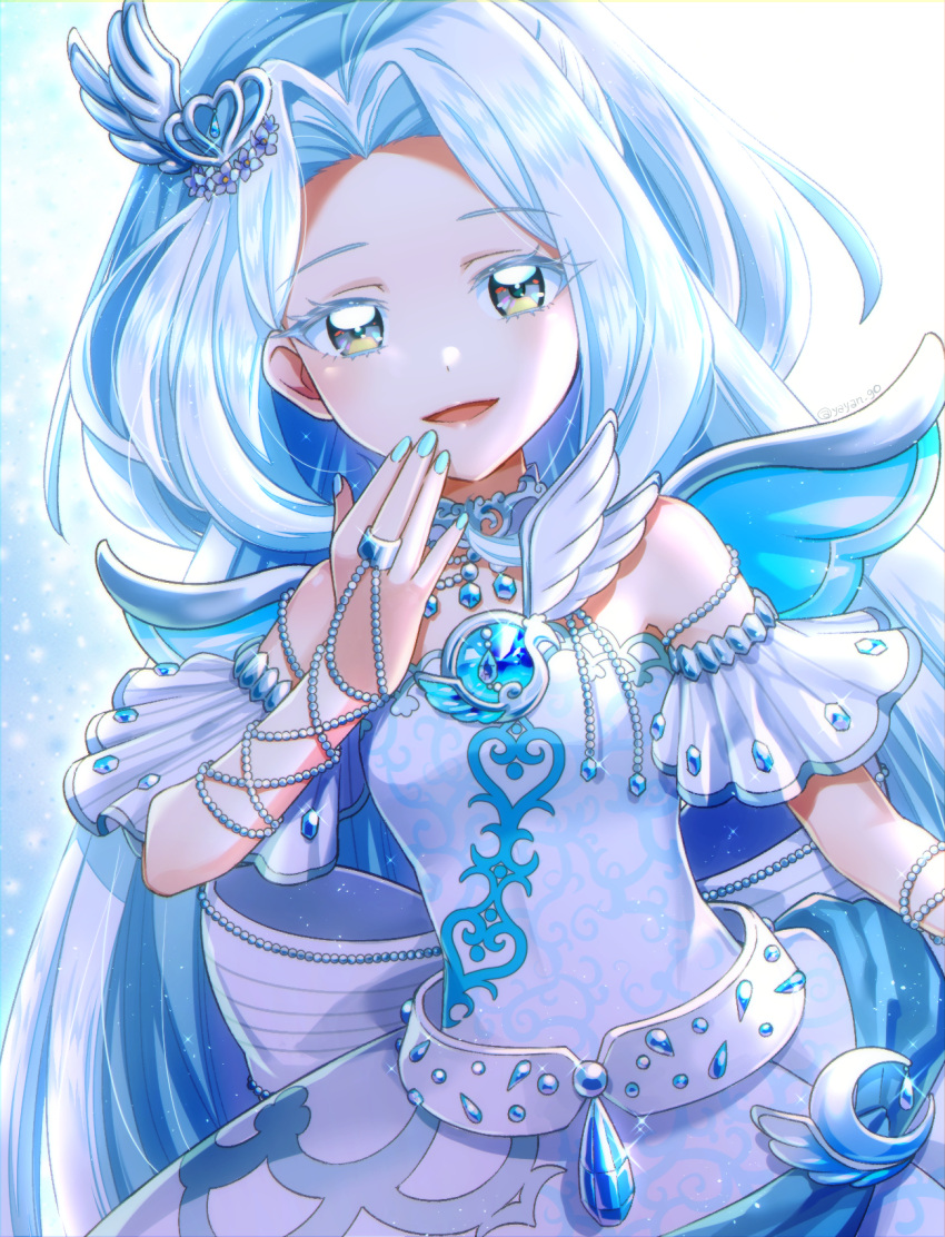 :d bare_shoulders blue_dress blue_eyes blue_gemstone blue_hair blue_nails commentary_request cowboy_shot crescent detached_sleeves dress fake_wings female gem hair_ornament hand_on_own_face hand_up heart heart_hair_ornament highres hizuki_(hiduki6121) jewelry kiratto_pri_chan long_hair looking_at_viewer nail_polish open_mouth pretty_series print_dress ring shiratori_anju smile solo sparkle standing very_long_hair white_background wing_hair_ornament wings