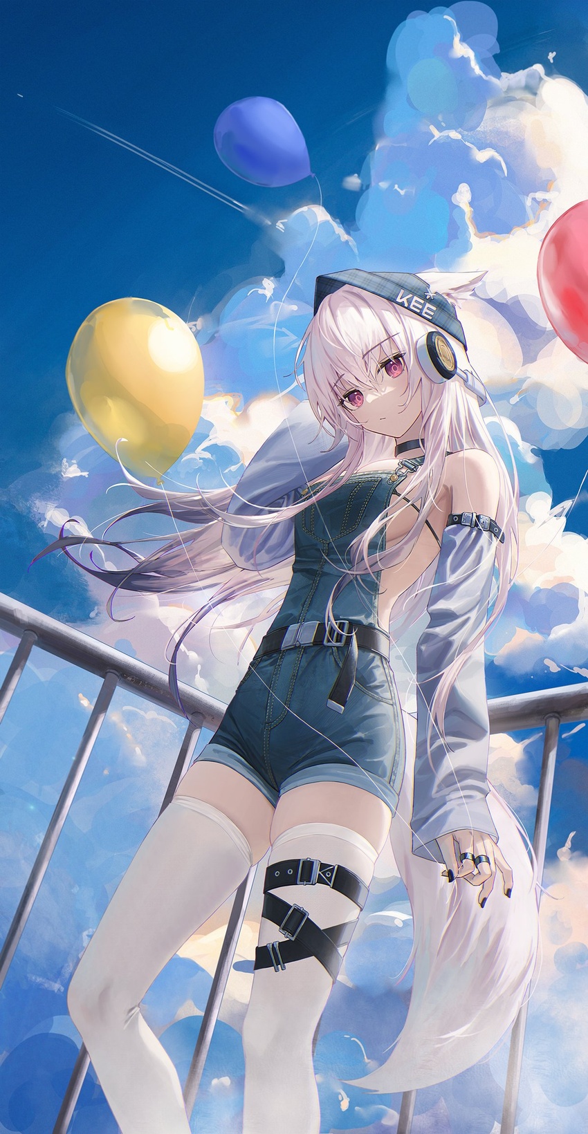 against_railing animal_ears arknights balloon beanie black_bra blue_sky bra breasts choker cloud cloudy_sky cumulonimbus_cloud day detached_sleeves ears_through_headwear feet_out_of_frame female flippy_(cripine111) fox_ears fox_girl fox_tail frostleaf_(arknights) hat headphones highres implied_extra_ears jewelry leg_belt long_hair looking_at_viewer medium_breasts multiple_rings outdoors overalls railing red_eyes ring sideboob sky solo standing tail thighhighs underwear white_hair white_thighhighs zettai_ryouiki