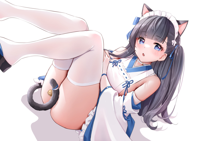 absurdres animal_ears azur_lane bell black_hair blue_eyes blush cat_ears cat_girl classic_(zildjian33) commentary_request detached_sleeves female hair_ribbon hatsuharu_(azur_lane) hatsuharu_(hatsuharu's_cat_cafe_caper)_(azur_lane) highres japanese_clothes jingle_bell knees_together_feet_apart long_hair looking_at_viewer lying maid nontraditional_miko official_alternate_costume open_mouth platform_footwear ribbon sandals shelf tail tail_bell tail_censor tail_ornament two_side_up wa_maid white_background white_sleeves zouri