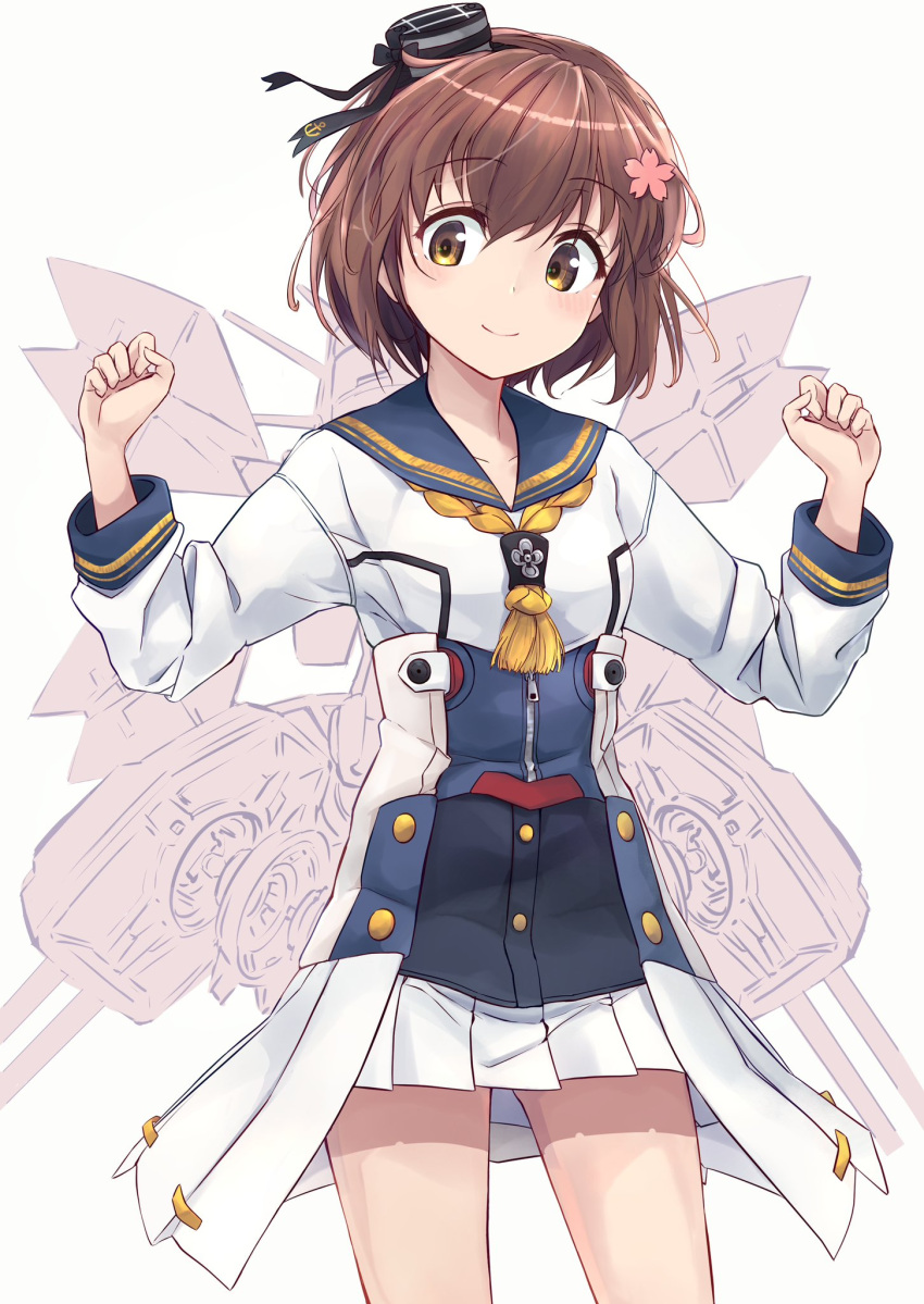 blue_sailor_collar brown_eyes brown_hair commentary_request contrapposto cowboy_shot dress female flower hair_flower hair_ornament highres kantai_collection machinery minosu neckerchief original_remodel_(kantai_collection) sailor_collar sailor_dress short_hair smokestack_hair_ornament solo w_arms white_dress yellow_neckerchief yukikaze_(kancolle) yukikaze_kai_ni_(kancolle)