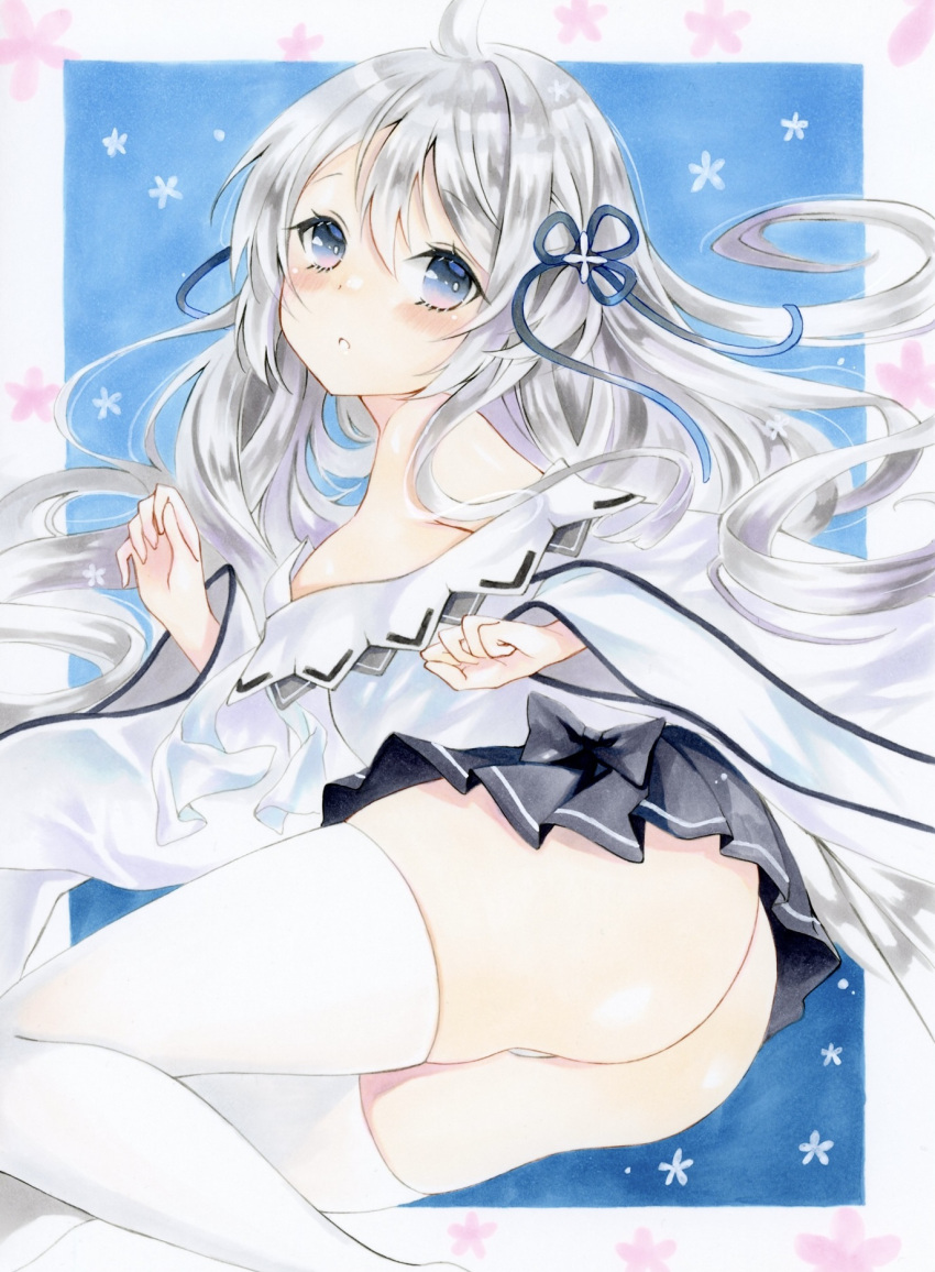 ahoge asebi ass azur_lane black_skirt blue_eyes blush bright_pupils commentary_request dress feet_out_of_frame female gradient_eyes grey_hair highres long_sleeves looking_at_viewer lying multicolored_eyes on_side panties panty_peek parted_lips pleated_skirt purple_eyes skirt solo thighhighs thighs thong traditional_media umikaze_(azur_lane) underwear white_dress white_panties white_pupils white_thighhighs wide_sleeves