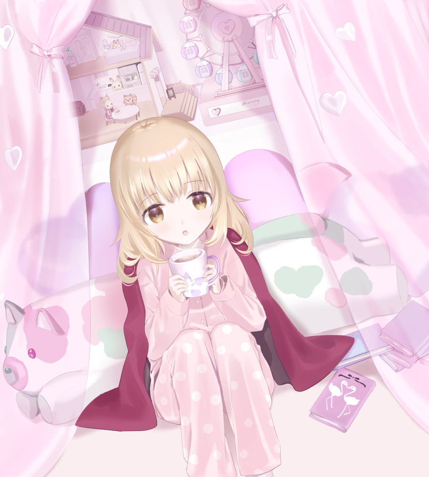 bed blanket blonde_hair blowing_on_food book brown_eyes canopy_bed commentary cup curtains feet_out_of_frame female ferris_wheel heart heart-shaped_pillow highres holding holding_cup knees_up lolicon long_hair long_sleeves mug on_bed original pajamas pillow polka_dot polka_dot_pajamas sitting solo stuffed_animal stuffed_pig stuffed_toy suzuyu_(jrnp4875) sylvanian_families symbol-only_commentary toy toy_house