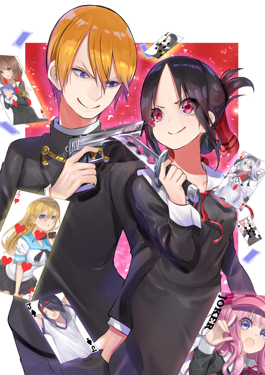 1boy absurdres bad_id bad_pixiv_id black_dress black_hair black_hairband black_skirt blonde_hair blue_eyes blue_sailor_collar blush border braid breasts brown_hair card collarbone commentary_request dress female folded_ponytail fujiwara_chika glasses grey_hair gun hair_between_eyes hair_ribbon hairband hand_in_pocket hayasaka_ai haysaca_a._smithee heart heart_in_eye heart_print highres holding holding_gun holding_knife holding_weapon hugging_object iino_miko ishigami_yuu joker_(playing_card) kaguya-sama_wa_kokurasetai_~tensai-tachi_no_renai_zunousen~ knife koyasu_tsubame long_hair long_sleeves looking_at_another looking_at_viewer open_mouth osaragi_kobachi parted_bangs pink_hair pink_headwear playing_card pleated_skirt r_(ryo) red_background red_eyes red_ribbon ribbon sailor_collar school_uniform serafuku shinomiya_kaguya shirogane_kei shirogane_miyuki shirt short_hair short_sleeves shuuchiin_academy_school_uniform sidelocks skirt smile sportswear summer_uniform symbol_in_eye weapon white_border white_shirt