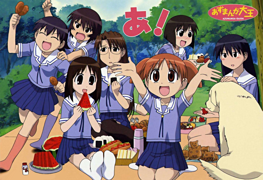 6+girls :d \o/ ^_^ angry ankle_socks apple arms_up azumanga_daioh's_school_uniform azumanga_daiou bento black_eyes black_thighhighs blue_ribbon blue_serafuku blue_shirt blue_skirt blue_socks blunt_ends blush bob_cut bread breasts brown_eyes bush canine character-themed_food chicken_(food) clenched_hand closed_eyes closed_mouth copyright_name everyone excited foliage food food_art forest fried_chicken fruit giving_food glasses grass hair_between_eyes hand_on_another's_shoulder highres holding holding_food holding_plate hot_dog inverted_bob kagura_(azumanga_daioh) kamineko kaori_(azumanga_daioh) kasuga_ayumu kneehighs long_hair looking_at_food medium_breasts medium_hair mihama_chiyo mizuhara_koyomi multiple_girls nature neck_ribbon nekokoneko no_shoes non-web_source nose_blush official_art oguri_hiroko on_ground onigiri open_mouth outstretched_arms park parted_lips petting picnic picnic_basket picnic_blanket pink_socks plate pleated_skirt promotional_art raised_eyebrows rectangular_eyewear ribbon running sailor_collar sakaki_(azumanga_daioh) salt salt_shaker sandwich scan school_uniform serafuku shirt short_hair short_sleeves sitting skirt small_breasts smile socks summer_uniform tadakichi-san takino_tomo tako-san_wiener theft thermos thighhighs translated tray tree twintails v-shaped_eyebrows very_long_hair wariza watermelon watermelon_slice white_dog white_sailor_collar white_socks worried yokozuwari