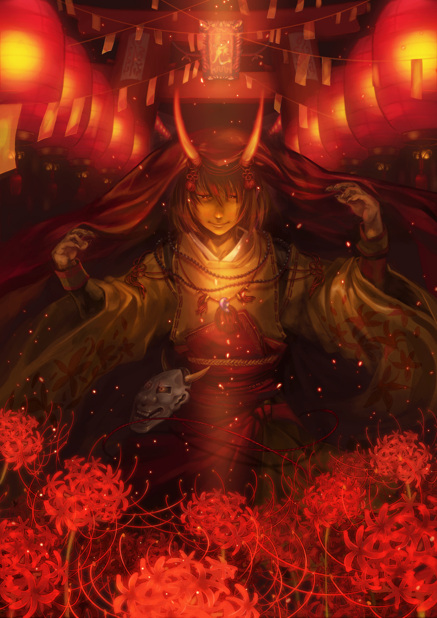 absurdres androgynous bad_id bad_pixiv_id beads brown_hair claws dark demon embers flower flower_knot gender_request glowing_flower hands_up highres horns japanese_clothes karasuneko1313 kariginu lantern light_particles magatama mask oni oni_mask original paper_lantern prayer_beads red_flower rope short_hair smile solo spider_lily torii