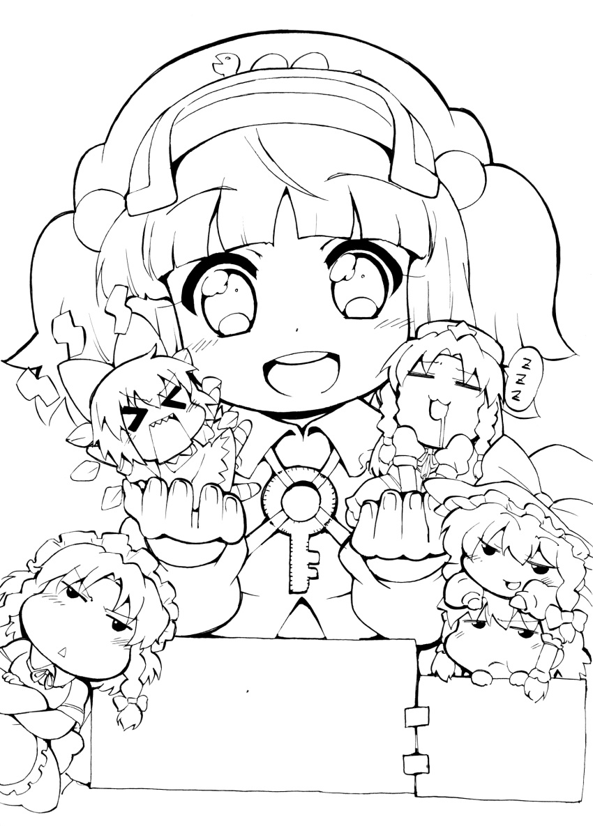 6+girls chibi cirno commentary_request greyscale hair_bobbles hair_ornament hakurei_reimu hat highres hong_meiling izayoi_sakuya kawashiro_nitori key kirisame_marisa mini_person minigirl monochrome multiple_girls neibii touhou two_side_up