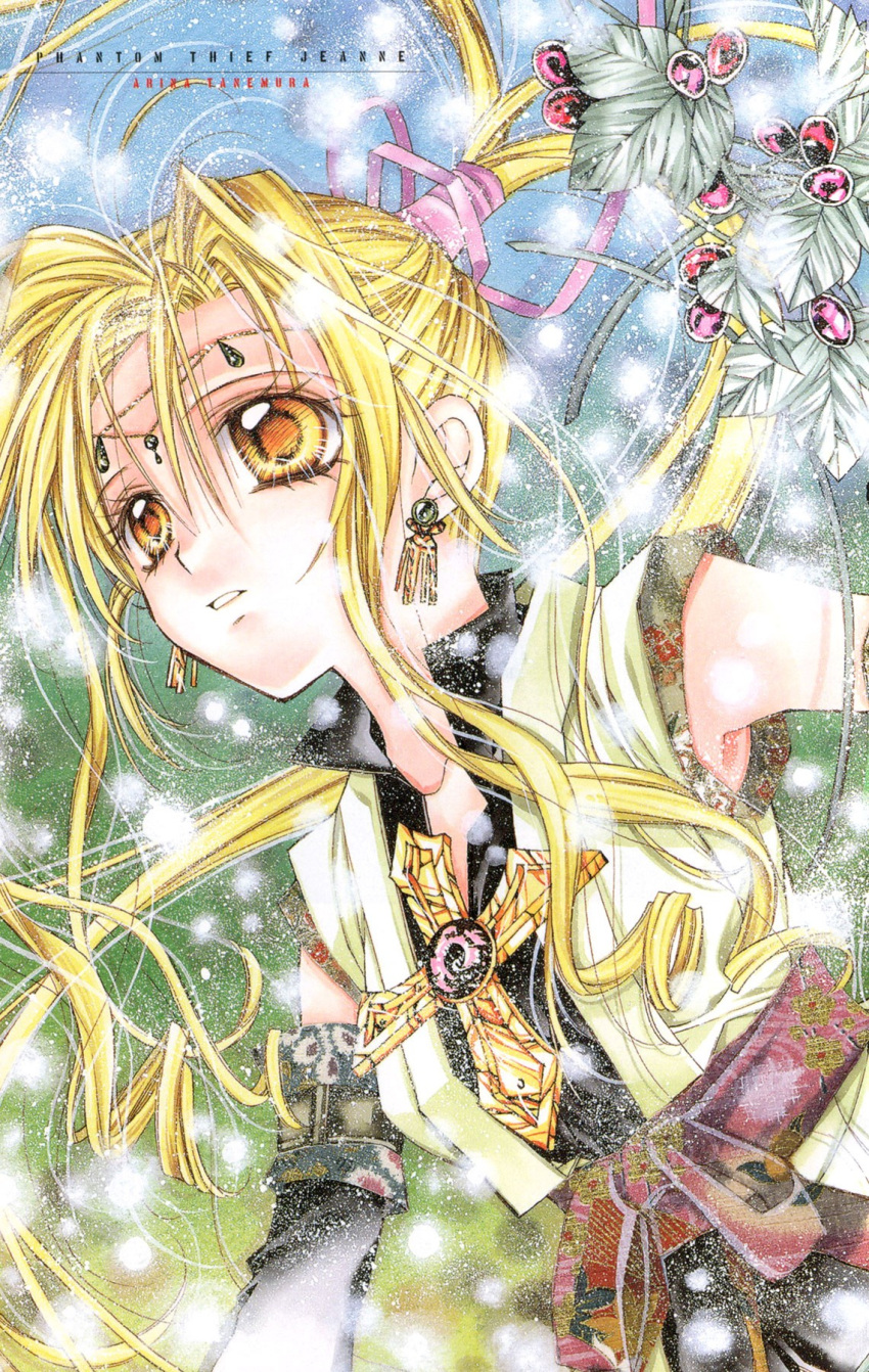 1990s_(style) alternate_costume alternate_eye_color artist_name belt blonde_hair copyright_name cross detached_sleeves eyelashes female hair_ribbon highres kaitou_jeanne kamikaze_kaitou_jeanne kusakabe_maron leaf long_hair marker_(medium) non-web_source perspective ponytail retro_artstyle ribbon tanemura_arina tiara traditional_media yellow_eyes