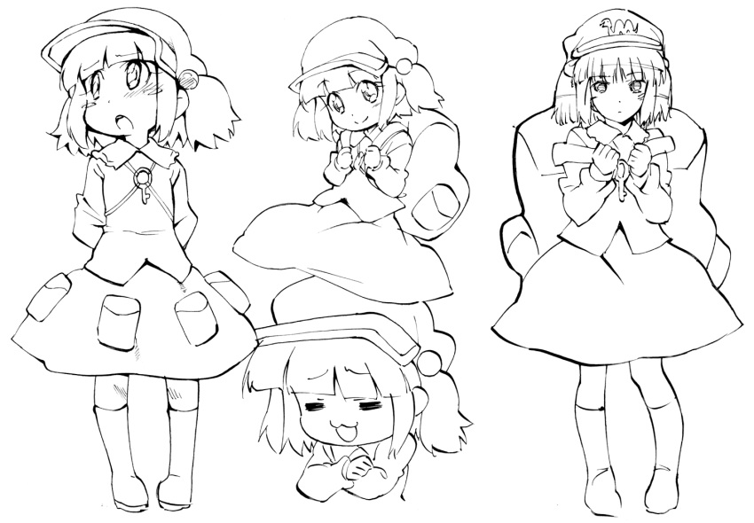 :3 backpack bag blush_stickers boots commentary_request expressions female greyscale hair_bobbles hair_ornament kawashiro_nitori key lolicon monochrome multiple_views neibii touhou two_side_up