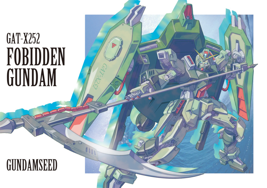 commentary_request forbidden_gundam gun gundam gundam_seed ibuki_sakura_(sgw_v07) machine_gun mecha no_humans photoshop_(medium) robot scythe solo text_focus water weapon