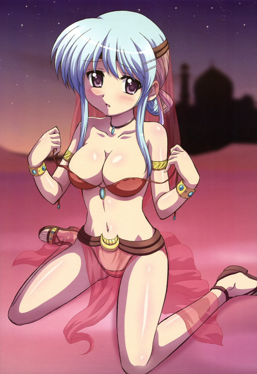 absurdres armlet bare_legs bare_shoulders bracelet breasts cleavage dancer female furukawa_hideki highres imageboard_desourced jewelry kneeling legs loincloth medium_breasts navel necklace night non-web_source nyantype official_art purple_eyes r-15_(series) sandals scan see-through sidelocks silver_hair sitting sky solo sonokoe_utae star_(symbol) undressing wariza