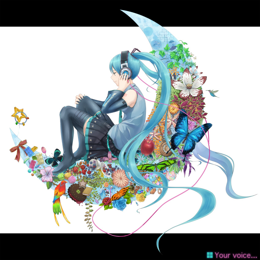 absurdres apple aqua_hair bad_id bad_pixiv_id bird blueberry boots bug butterfly candy closed_eyes commentary_request crescent_moon detached_sleeves female fish flower food fruit hatsune_miku headphones highres hummingbird letterboxed lollipop long_hair moon nagakura_(seven_walkers) nail_polish necktie orange_(fruit) parrot pocket_watch raspberry ribbon sitting skirt solo strawberry swirl_lollipop thigh_boots thighhighs twintails very_long_hair vocaloid watch