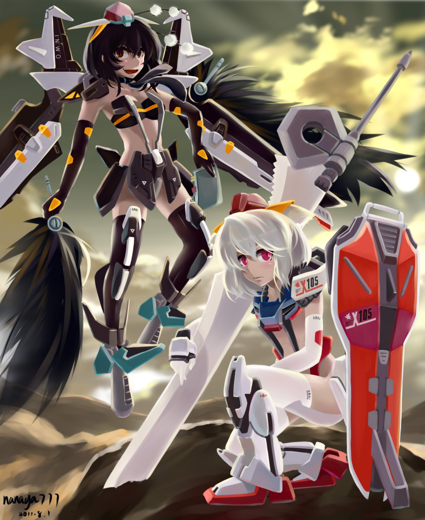 2girls absurdres alternate_weapon commentary_request gundam gundam_seed gundam_seed_c.e._73:_stargazer highres inubashiri_momiji mecha_musume mechanical_wings mechanization multiple_girls nanaya777 shameimaru_aya shield strike_gundam strike_noir sword thighhighs touhou weapon wings