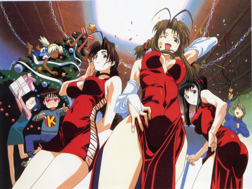 6+girls akamatsu_ken antenna_hair aoyama_motoko arms_up ass bare_shoulders barefoot black_eyes black_hair blue_hair blush breasts brown_eyes brown_hair christmas christmas_tree cleavage closed_eyes confetti curvy dress elbow_gloves flat_chest gift glasses gloves happy highres kaolla_su konno_mitsune large_breasts legs long_hair looking_at_viewer looking_back love_hina maehara_shinobu medium_breasts multiple_girls narusegawa_naru official_art open_mouth otohime_mutsumi party ponytail short_hair smile standing thighhighs thighs urashima_keitarou wink