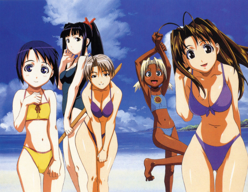 5girls aoyama_motoko armpits arms_up beach bikini breasts dark_skin female highres hips kaolla_su konno_mitsune large_breasts legs love_hina maehara_shinobu midriff multiple_girls narusegawa_naru navel official_art otohime_mutsumi standing swimsuit thigh_gap thighs