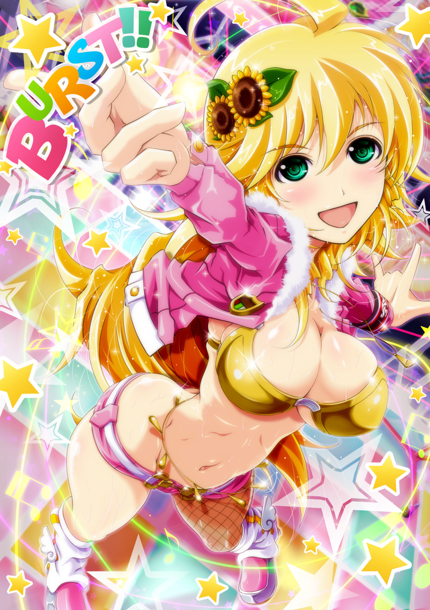 \m/ absurdres ahoge belly_chain blonde_hair breasts commentary_request female fishnet_pantyhose fishnets from_above fur_trim green_eyes highres hoshii_miki idolmaster idolmaster_(classic) jacket jewelry katsuki_yousuke large_breasts long_hair md5_mismatch midriff navel pantyhose pink_diamond_765_(idolmaster) short_shorts shorts single_leg_pantyhose single_thighhigh solo sweat thighhighs