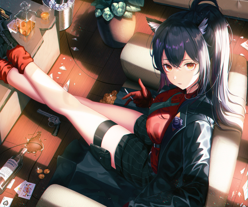 absurdres animal_ear_fluff animal_ears arknights armchair bare_legs black_footwear black_hair bottle breasts brown_eyes chair cigarette commentary fall_(aki) female from_above gloves hair_between_eyes highres holding holding_cigarette indoors korean_commentary long_hair looking_at_viewer medium_breasts official_alternate_costume parted_lips plant potted_plant pouch red_gloves red_shirt red_socks shadow shirt shoes sitting socks solo texas_(arknights) texas_(willpower)_(arknights) thigh_strap thighs wolf_ears