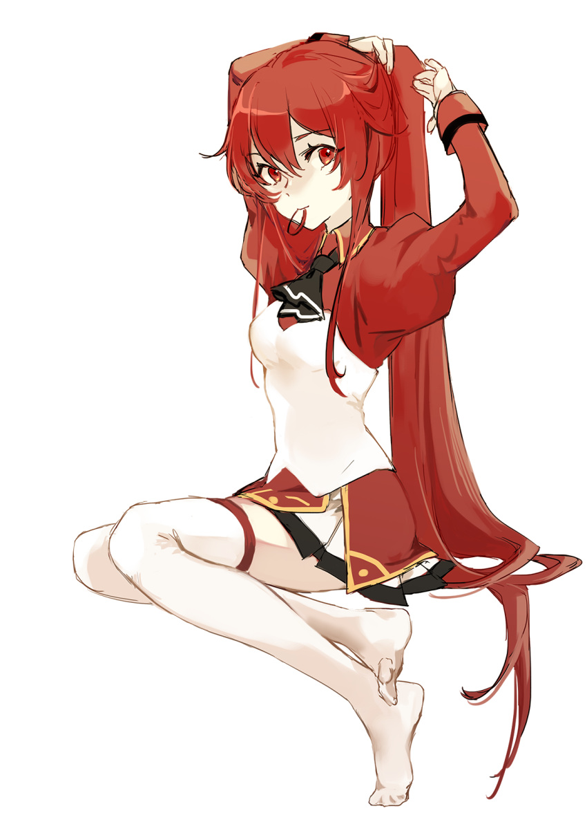 71pen adjusting_hair arms_behind_head arms_up ascot black_ascot breasts commentary_request elesis_(elsword) elsword female free_knight_(elsword) hair_between_eyes hair_tie hair_tie_in_mouth hand_in_own_hair highres juliet_sleeves long_hair long_sleeves looking_at_viewer miniskirt mouth_hold ponytail puffy_sleeves red_eyes red_hair red_shirt shirt sidelocks simple_background sitting skirt small_breasts solo thighhighs two-tone_shirt tying_hair very_long_hair white_background white_shirt white_skirt white_thighhighs zettai_ryouiki