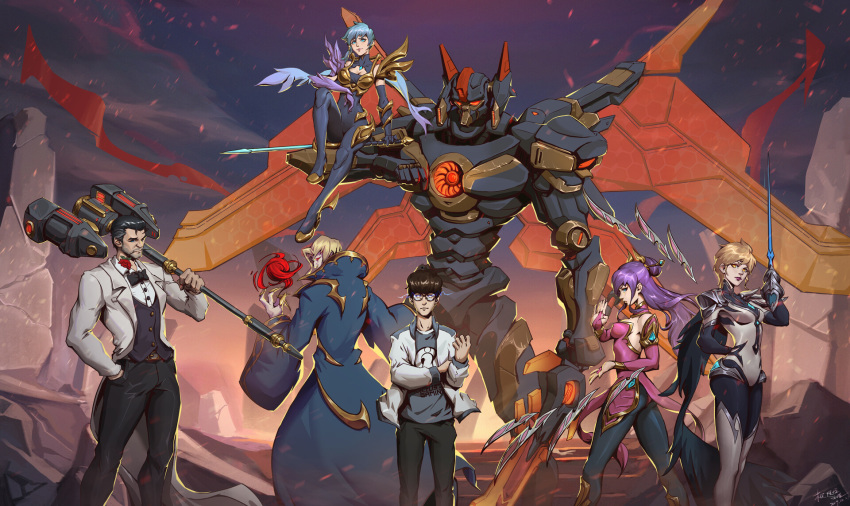 3girls 4boys aatrox alternate_costume chinese_clothes coat dawnbringer_riven debonair_jayce esports esports_apparel esports_cosmetic fiora_(league_of_legends) floating floating_object floating_sword floating_weapon formal glasses hammer highres ig_fiora irelia jayce_(league_of_legends) league_of_legends marquis_vladimir mecha_aatrox multiple_boys multiple_girls order_of_the_lotus_irelia overcoat real_life riven_(league_of_legends) suit sword tangxiao12345 theshy_(gamer) vladimir_(league_of_legends) weapon wings