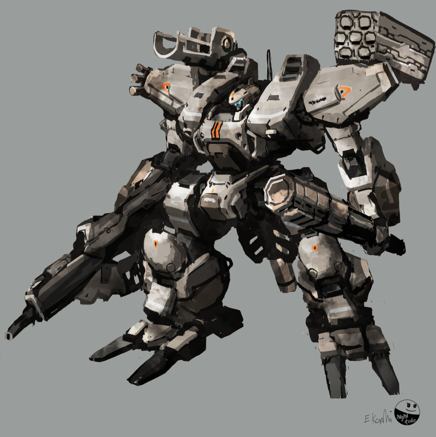 absurdres assault_visor front_mission grey_background gun highres holding holding_gun holding_weapon looking_down mace magmastudio mecha missile_pod no_humans robot science_fiction solo weapon