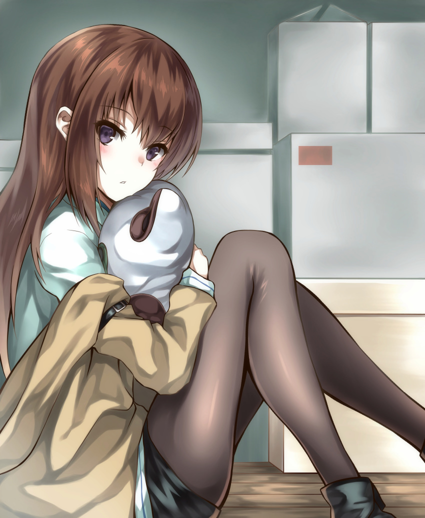 absurdres black_pantyhose blush boots brown_hair commentary_request eyes_visible_through_hair female from_side grey_eyes hair_between_eyes highres hug hugging_object jacket long_hair long_sleeves looking_at_viewer makise_kurisu off_shoulder pantyhose parted_lips shinki_(user_srrn2727) shorts sidelocks sitting solo steins;gate