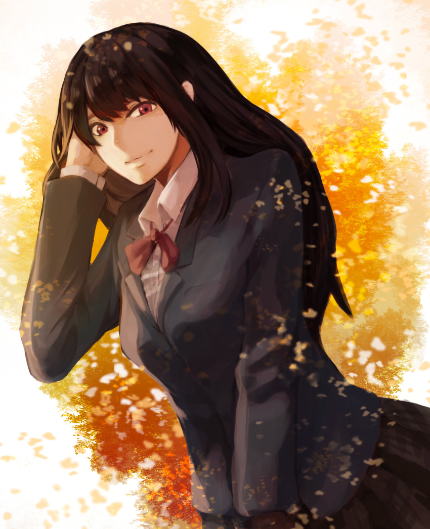 black_hair black_skirt blazer bow commentary female hand_in_own_hair hand_up highres houzuki_satowa jacket kono_oto_tomare! long_hair long_sleeves looking_at_viewer orange_background outdoors red_bow red_eyes school_uniform simple_background skirt solo sorakuma_(oycue41) standing two-tone_background white_background