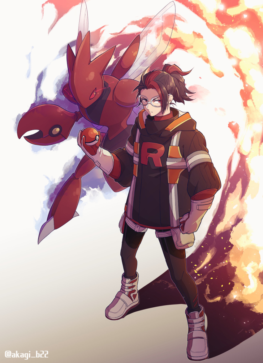 1boy arlo_(pokemon) aura black_hair black_jacket black_pants clenched_hand colored_sclera fire gloves highres holding holding_poke_ball hood hood_down inumaru_akagi jacket male_focus multicolored_hair pants poke_ball poke_ball_(basic) pokemon pokemon_(creature) pokemon_go ponytail red_eyes red_hair red_sclera scizor simple_background standing team_rocket twitter_username two-tone_hair white_background white_footwear white_gloves