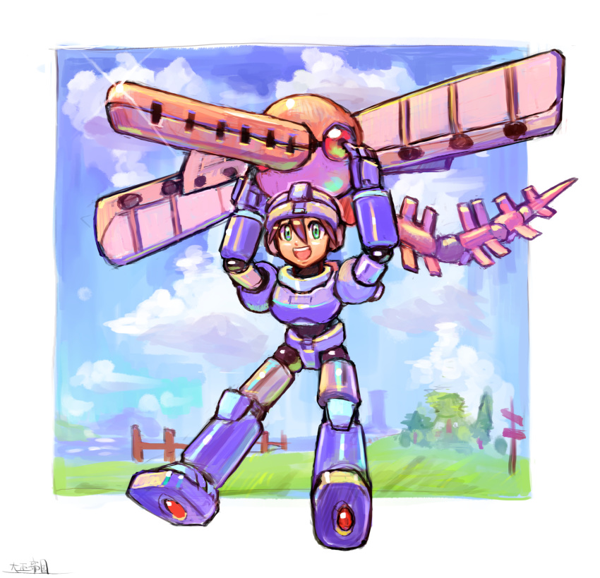 1boy :d armor arms_up border brown_hair cloud commentary_request day fence full_body grass green_eyes hang_gliding happy helmet highres looking_at_viewer male_focus mega_man_(series) mega_man_legends_(series) mega_man_volnutt oomasa_teikoku open_mouth outdoors robot sign signature signpost smile solo standing tree white_border wooden_fence