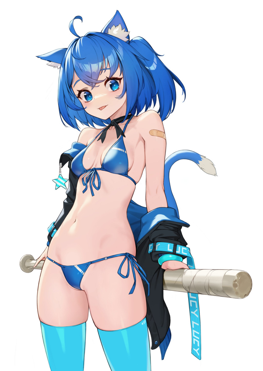 :p absurdres ahoge animal_ear_fluff animal_ears aqua_thighhighs bandaid bandaid_on_arm bare_shoulders baseball_bat bikini blue_bikini blue_eyes blue_hair breasts cat_ears cat_girl cat_tail commentary_request cowboy_shot crossed_bangs female front-tie_bikini_top front-tie_top highres holding holding_baseball_bat jacket jacket_partially_removed korean_commentary long_sleeves looking_at_viewer navel open_clothes open_jacket original pjman short_hair side-tie_bikini_bottom side_ponytail simple_background small_breasts solo star_(symbol) stomach swimsuit tail tail_raised thighhighs tongue tongue_out two-sided_fabric two-sided_jacket white_background