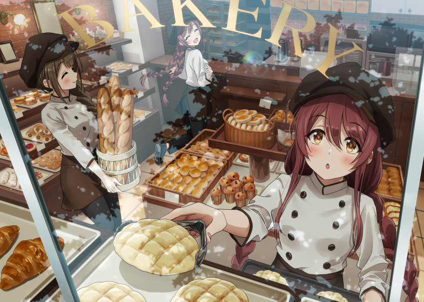 blush braids brown_eyes brown_hair food hat idolmaster idolmaster_shiny_colors kuwayama_chiyuki long_hair oosaki_amana oosaki_tenka ponytail reflection sonsoso twins twintails uniform