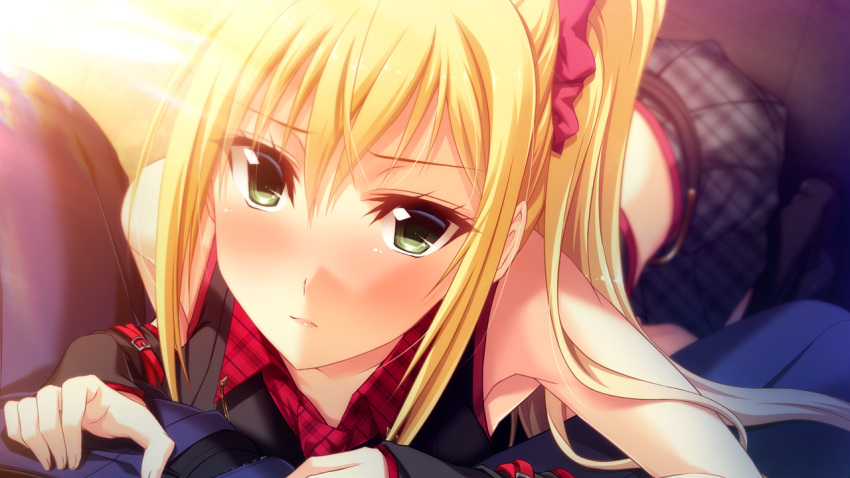 1boy black_vest blonde_hair blue_pants blush closed_mouth collared_shirt crop_top female from_above game_cg green_eyes grey_skirt hair_between_eyes hair_ornament hair_scrunchie hazuki_shizuku_(tsukiakari_ni_modaeru_harame) imminent_fellatio kneeling long_hair looking_at_viewer looking_up midriff miniskirt open_fly pants plaid plaid_shirt plaid_skirt pleated_skirt ponytail red_scrunchie red_shirt scrunchie shirt skirt sleeveless sleeveless_shirt solo_focus spread_legs straight tsukiakari_ni_modaeru_harame vest wing_collar