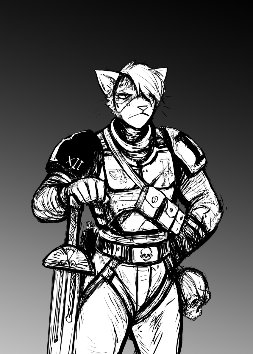 2023 anthro armor astra_militarum black_and_white bone breastplate cat_knight clothing darktide domestic_cat facial_scar felid feline felinid felis female gradient_background hi_res hladilnik holding_melee_weapon holding_object holding_sword holding_weapon imperial_guard inquisition inquisitor mammal melee_weapon military_uniform monochrome power_sword scar simple_background skull solo sword uniform warhammer_(franchise) warhammer_40000 weapon