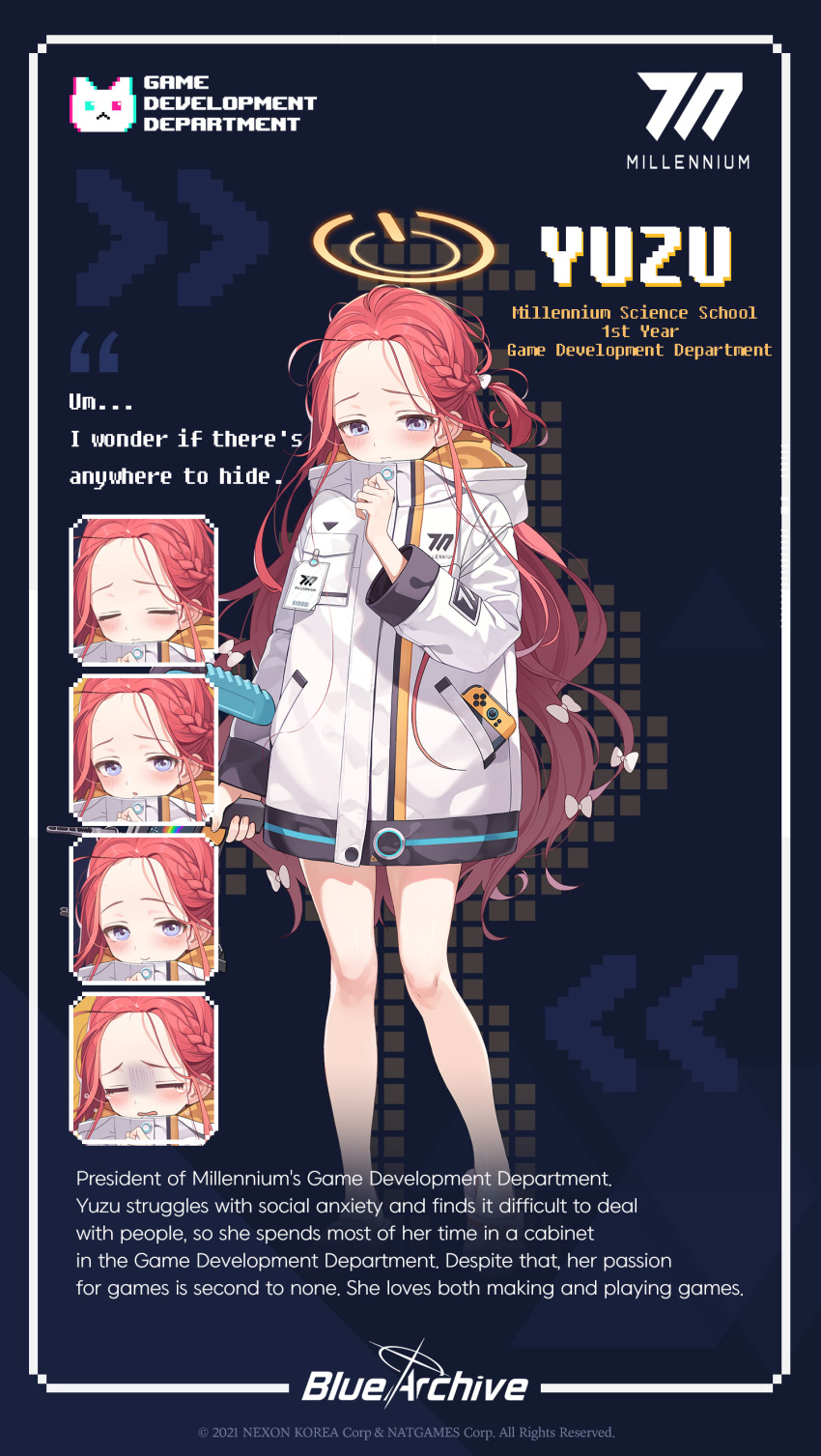 absurdres blue_archive blush character_name english_text expressions female forehead full_body grenade_launcher halo highres jacket long_hair looking_at_viewer m320 nyan_cat official_art purple_eyes red_hair school_uniform slippers solo standing trigger_discipline weapon yutokamizu yuzu_(blue_archive)