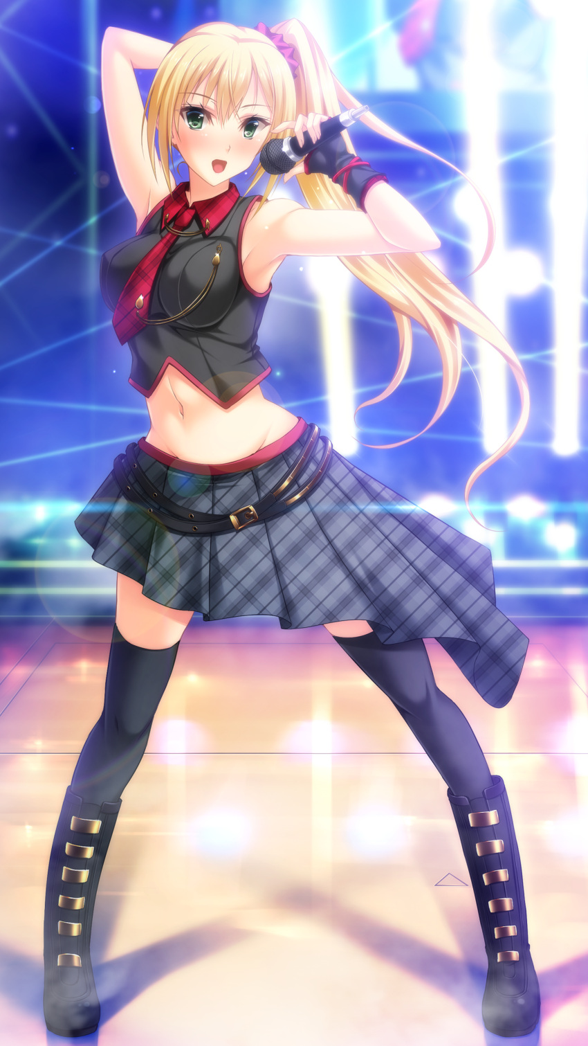 :d absurdres arm_up armpits asymmetrical_clothes black_footwear black_gloves black_thighhighs blonde_hair blush boots breasts collared_shirt crop_top female fingerless_gloves floating_hair full_body game_cg gloves green_eyes grey_skirt hair_between_eyes hair_ornament hair_scrunchie hazuki_shizuku_(tsukiakari_ni_modaeru_harame) highres holding holding_microphone idol knee_boots lens_flare long_hair medium_breasts microphone midriff miniskirt navel necktie plaid plaid_necktie plaid_skirt pleated_skirt red_necktie red_scrunchie scrunchie shirt side_ponytail skirt smile solo stage stomach thighhighs tsukiakari_ni_modaeru_harame very_long_hair wing_collar