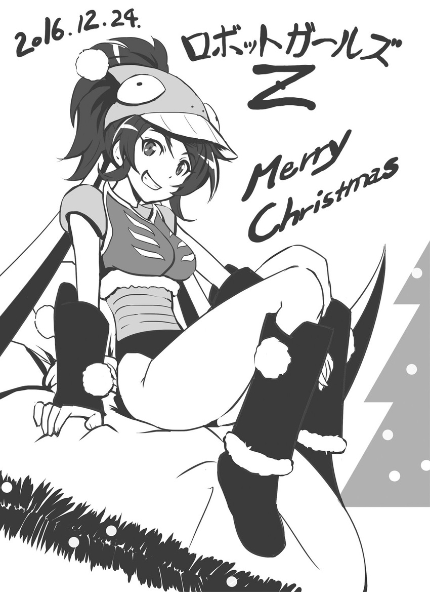 bag breasts christmas commentary_request dated female garada_k7 greyscale haruyama_kazunori hat highres looking_at_viewer medium_hair merry_christmas monochrome ponytail robot_girls_z simple_background smile solo weapon white_background